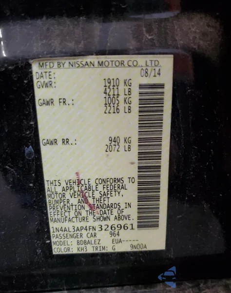 2015 Nissan Altima 2.5 from USA, damaged, VIN 1N4AL3AP4FN326961